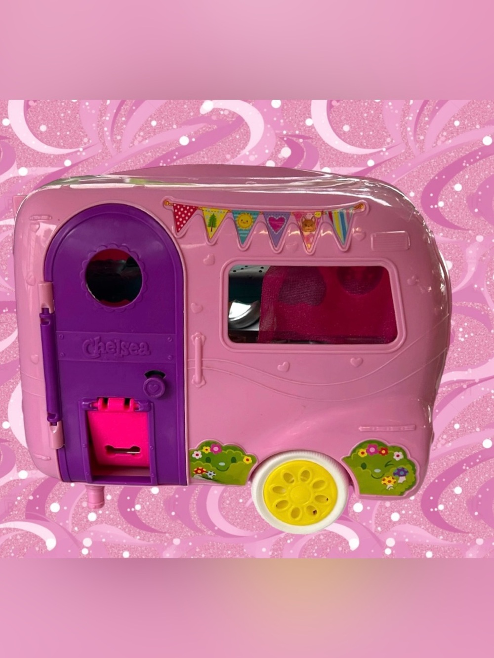 Pink Play Caravan Toy with Purple Door made for Chelsea dolls camper set
